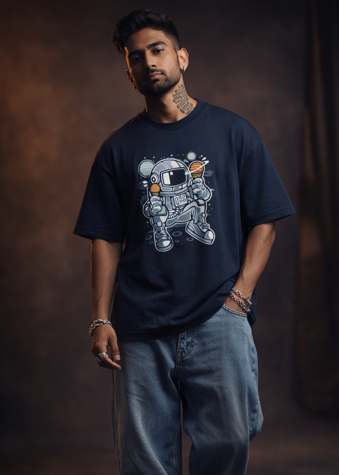 Person wearing a navy blue t-shirt with an astronaut graphic on a dark background