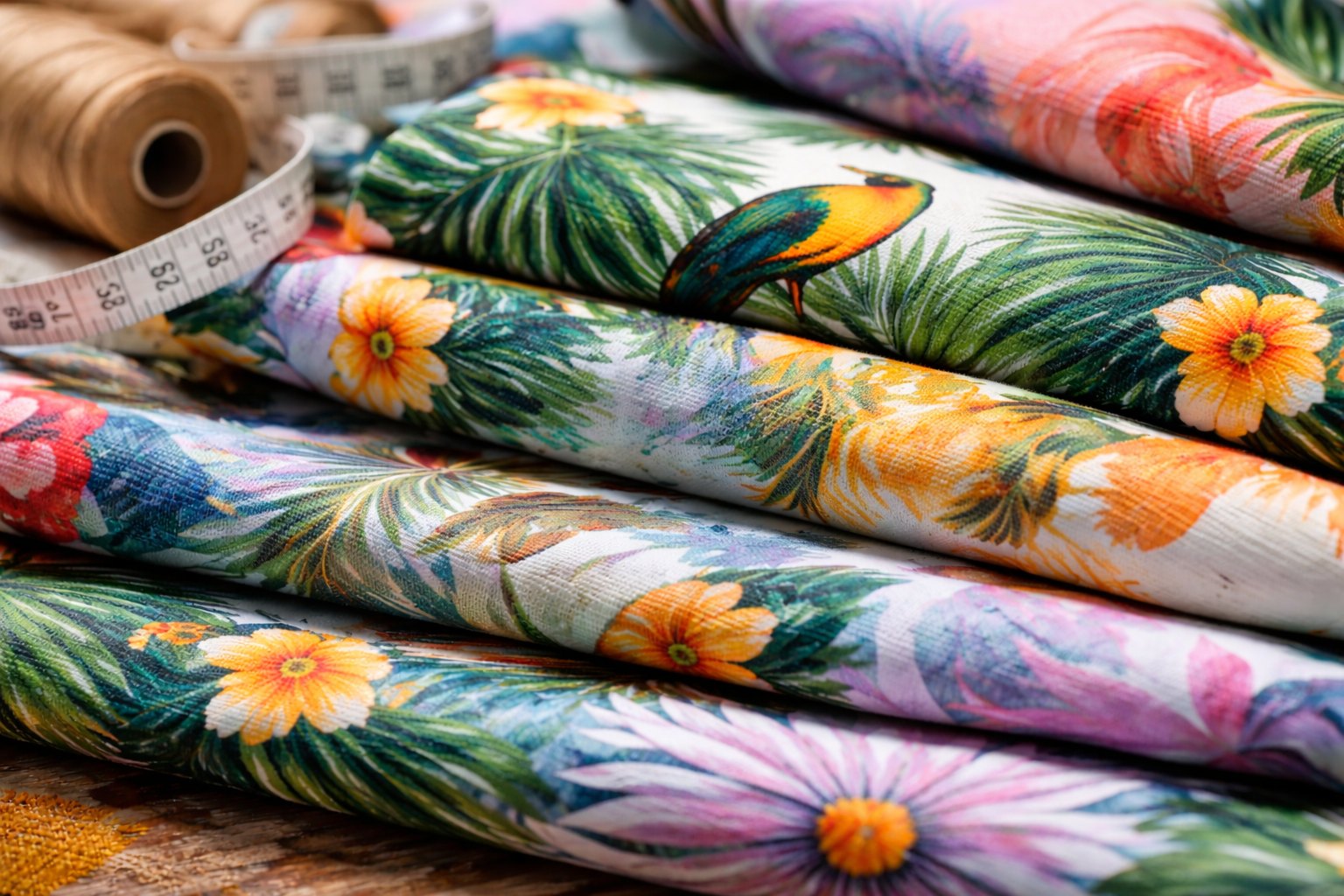Stack of colorful tropical-themed fabric with flowers and birds on a wooden surface.